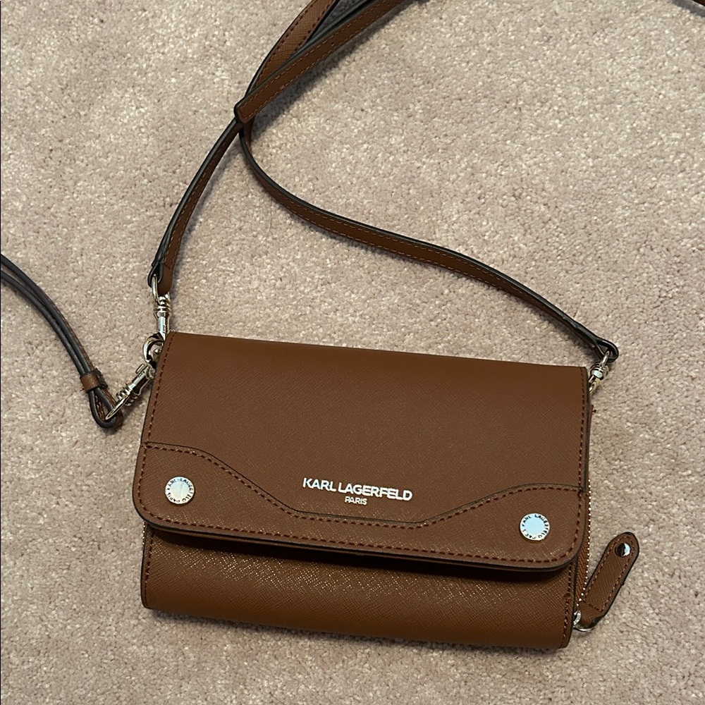 Karl Lagerfeld Brown Saffiano Leather Crossbody Wallet Bag